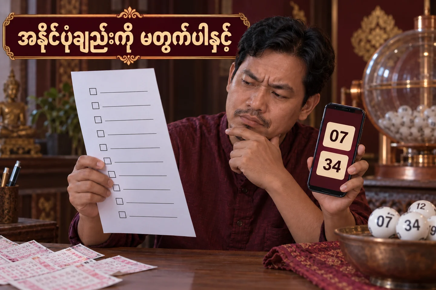 ထီခန့်မှန်းမှတ်တမ်းဆယ်ခုကို ပြန်တိုက်ရန် စာရင်းစစ်နေသော သရုပ်ဖော်ပုံ။