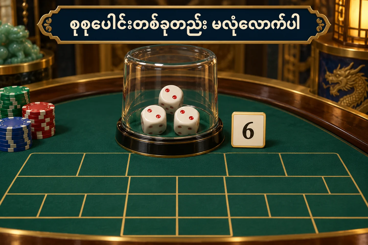 သုံးလုံးအန်စာတုံးနှင့် ကွက်အမျိုးအစားကို ပြထားသည့် Sic Bo စားပွဲသရုပ်ဖော်ပုံ