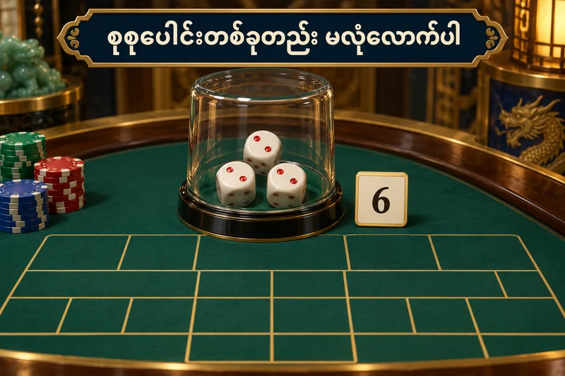 သုံးလုံးအန်စာတုံးနှင့် ကွက်အမျိုးအစားကို ပြထားသည့် Sic Bo စားပွဲသရုပ်ဖော်ပုံ