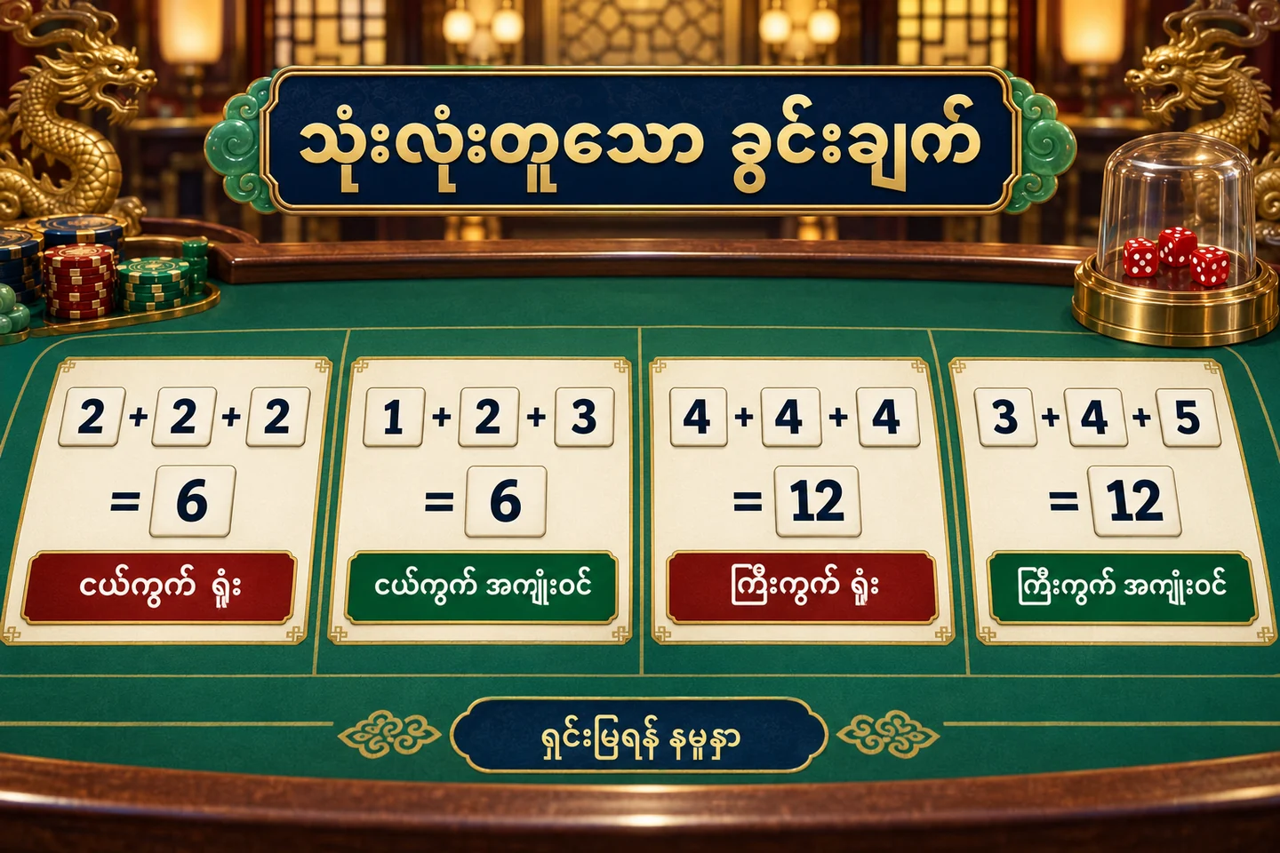 စုစုပေါင်း ၆ နှင့် ၁၂ တူသော်လည်း triple အခြေအနေကွာသည့် နမူနာလေးခု