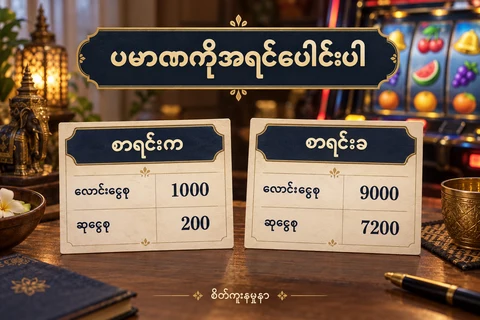 စိတ်ကူးစလော့စက်နှင့်မြန်မာစာကတ်နှစ်ခုတွင်လောင်းငွေစု1000/9000၊ဆုငွေစု200/7200 ကိုသီးခြားဖော်ပြထားပုံ