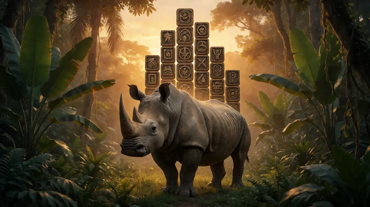 ဆည်းဆာရောင် ဂျင်ဂယ်ထဲတွင် rhinoceros တစ်ကောင် ရပ်နေပြီး ၎င်းနောက်ဘက်တွင် အမြင့်မတူသော သင်္ကေတ tile ကော်လံများ ရှိသည်